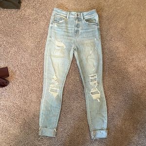 Light wash super high rise skinny jeans